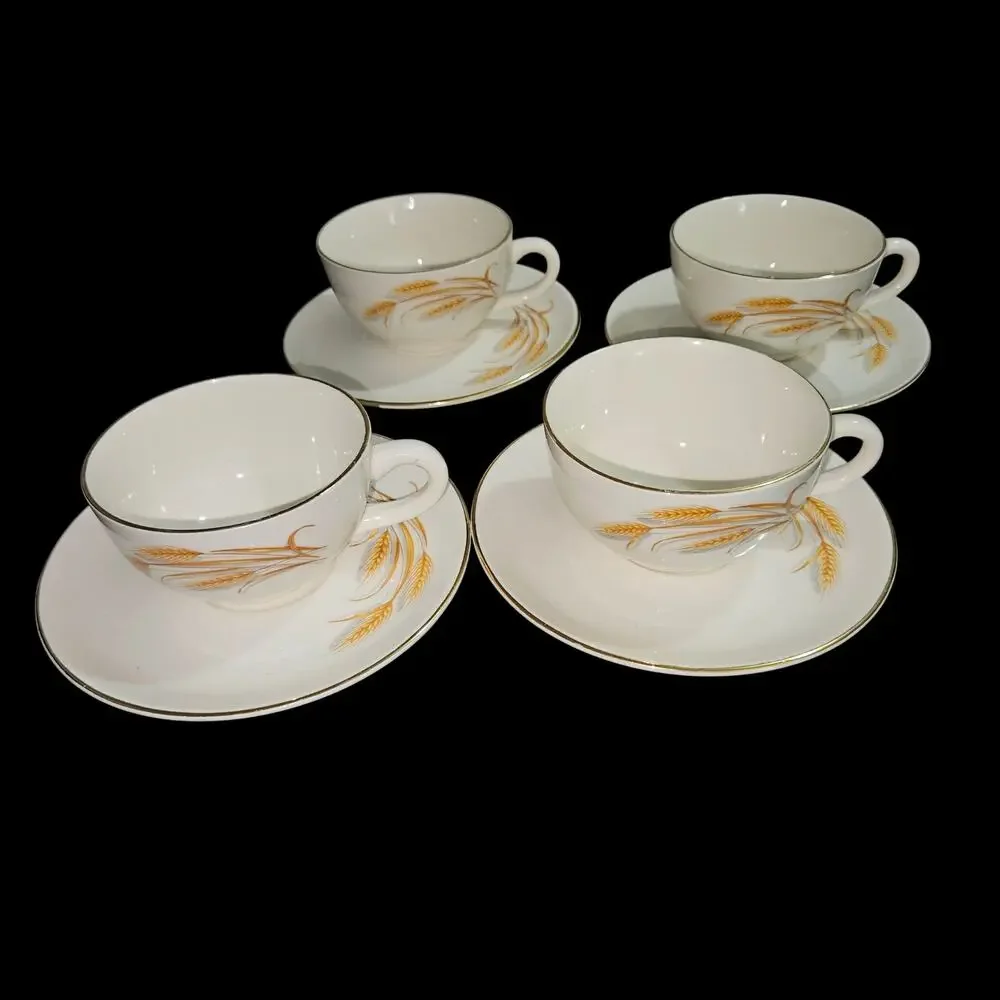Golden Wheat Cup & Saucer Set of 4 22K Gold Oven Proof USA Vintage Tea Coffee